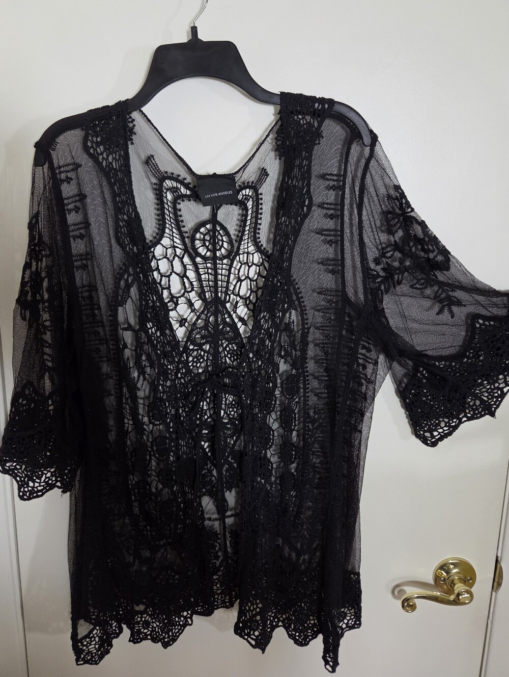 Liv Los Angeles Boho Black Mesh Crochet Lace Kimono Duster Festival Jacket 2X